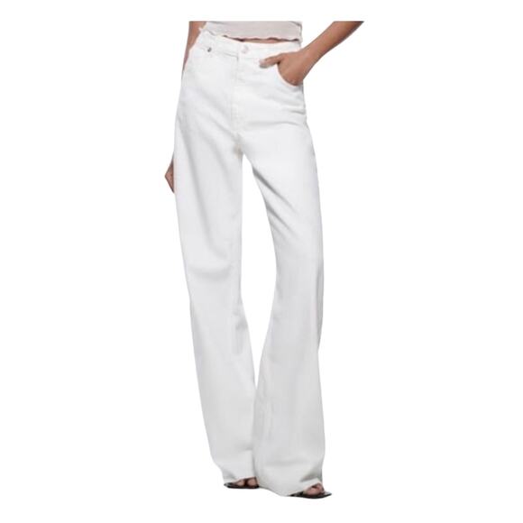 Zara Denim - ZARA Womens Size 0 White Wide leg Jeans Mid-Rise Loose Fit Summer Raw Hem Denim